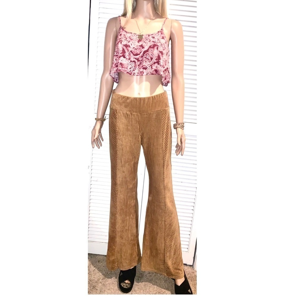 Brown velvet bell bottom flare hippie Ribbed Stretch Pants Large